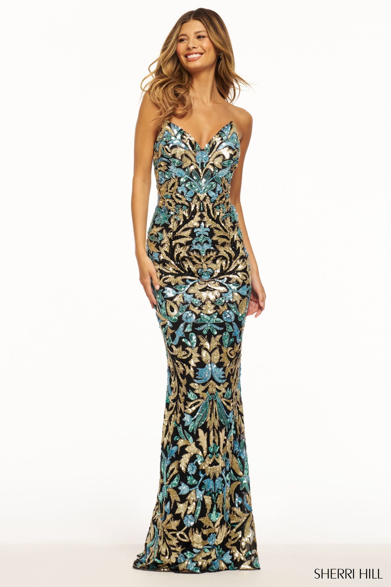 sherri hill black and gold dress 56885 gracefully hugging the body`s curves and elongating the frame Sherri Hill 56637 Miss Priss