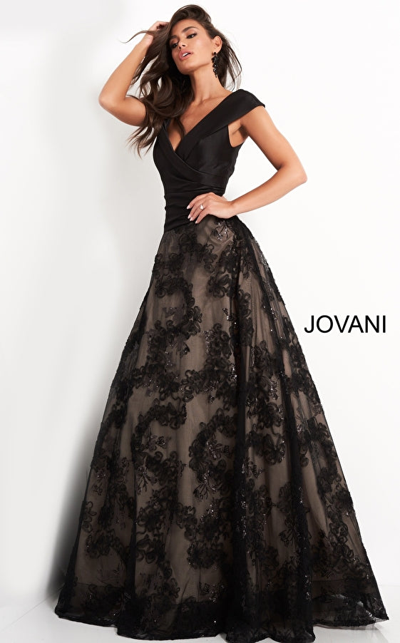 Jovani Style 03330 Black A Line V Neck Evening Gown