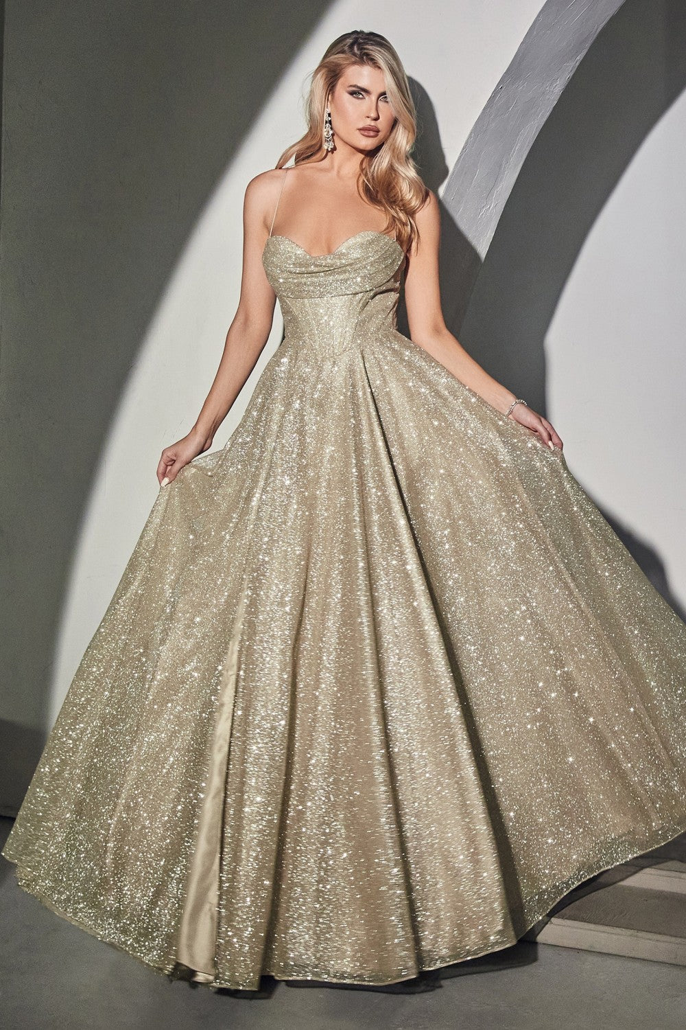green emerald velvet dress Ladivine CD773 Fitted Crystal Embellished Formal Gown with Leg Slit Sienna Gold / 0 main image 1