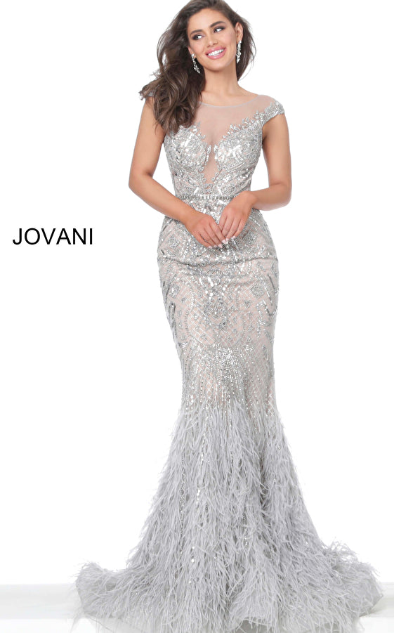 Jovani 03108  Silver Embellished Evening Dress with Feathers